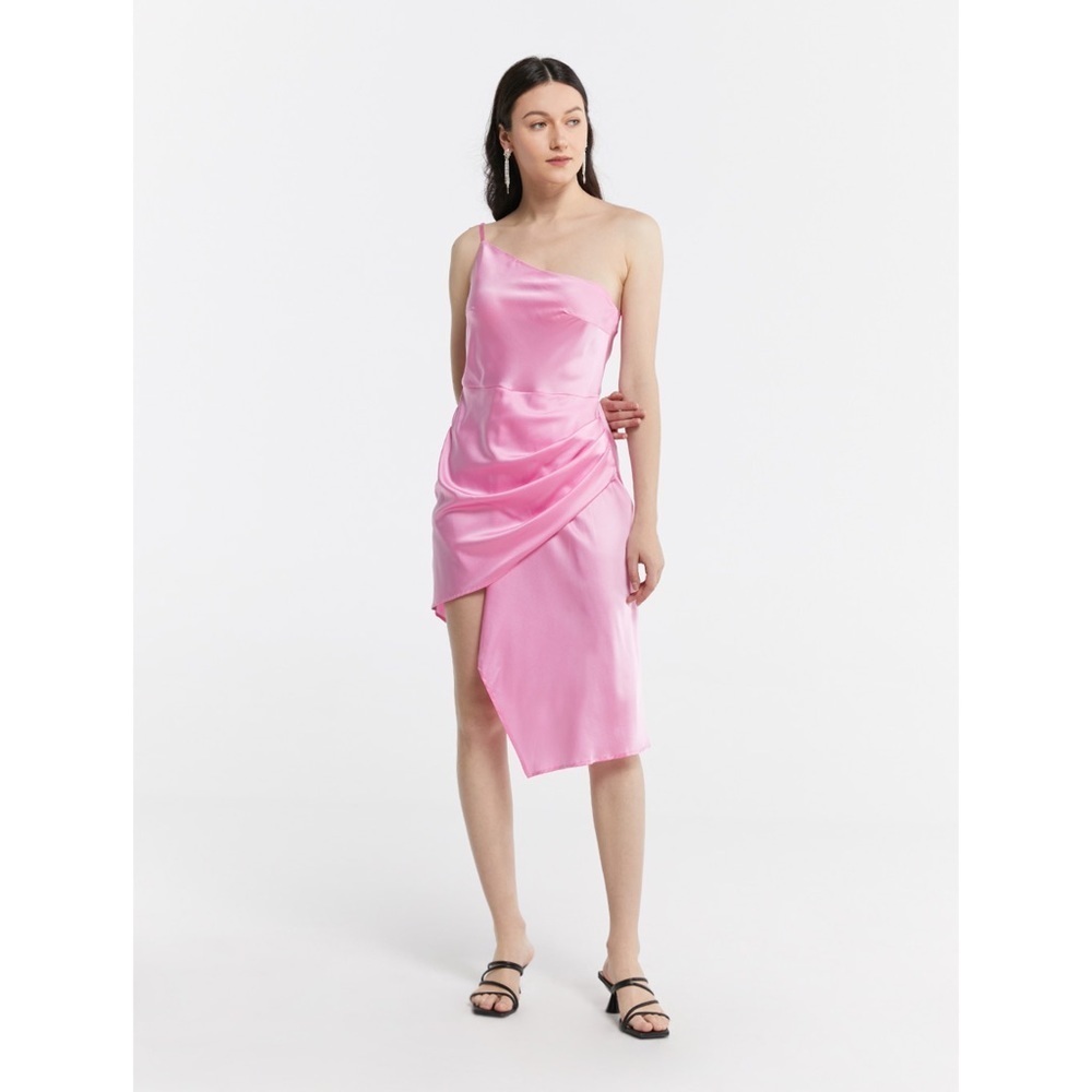 Nwt Silk Maison Pink One Shoulder Draped Asymmetrical Ruched Silk Mini Dress Xs — image 8 of 8